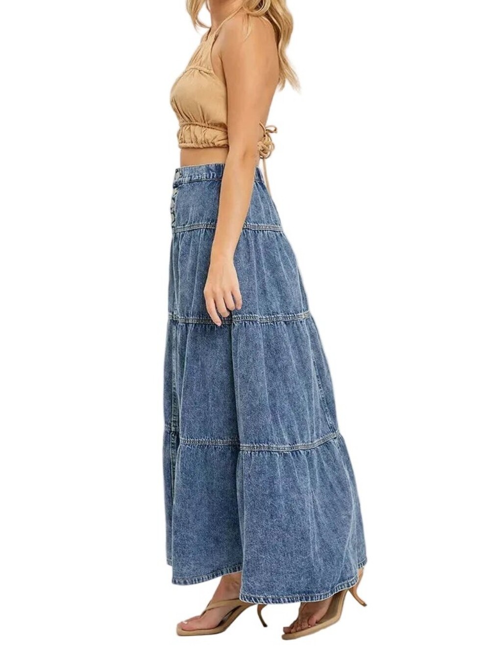 Risen High-Rise Button Elastic Waist Tiered Ruffle Cotton Denim Maxi Jean Skirt - Picture 12 of 14